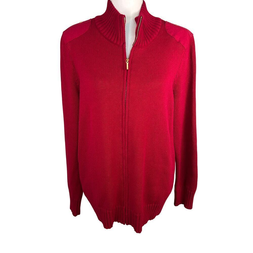Lauren Ralph Lauren women's red cotton full zip sweater shoulder patches size 1X
